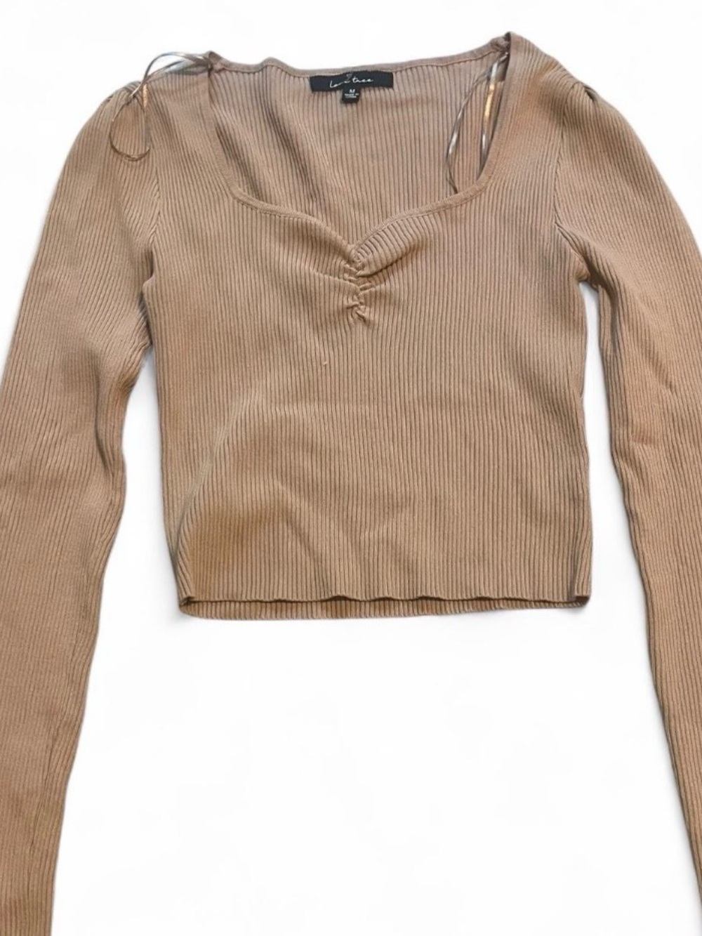 Love Tree Ribbed Short Sleeve Scoop Neck Top in Camel/Tan